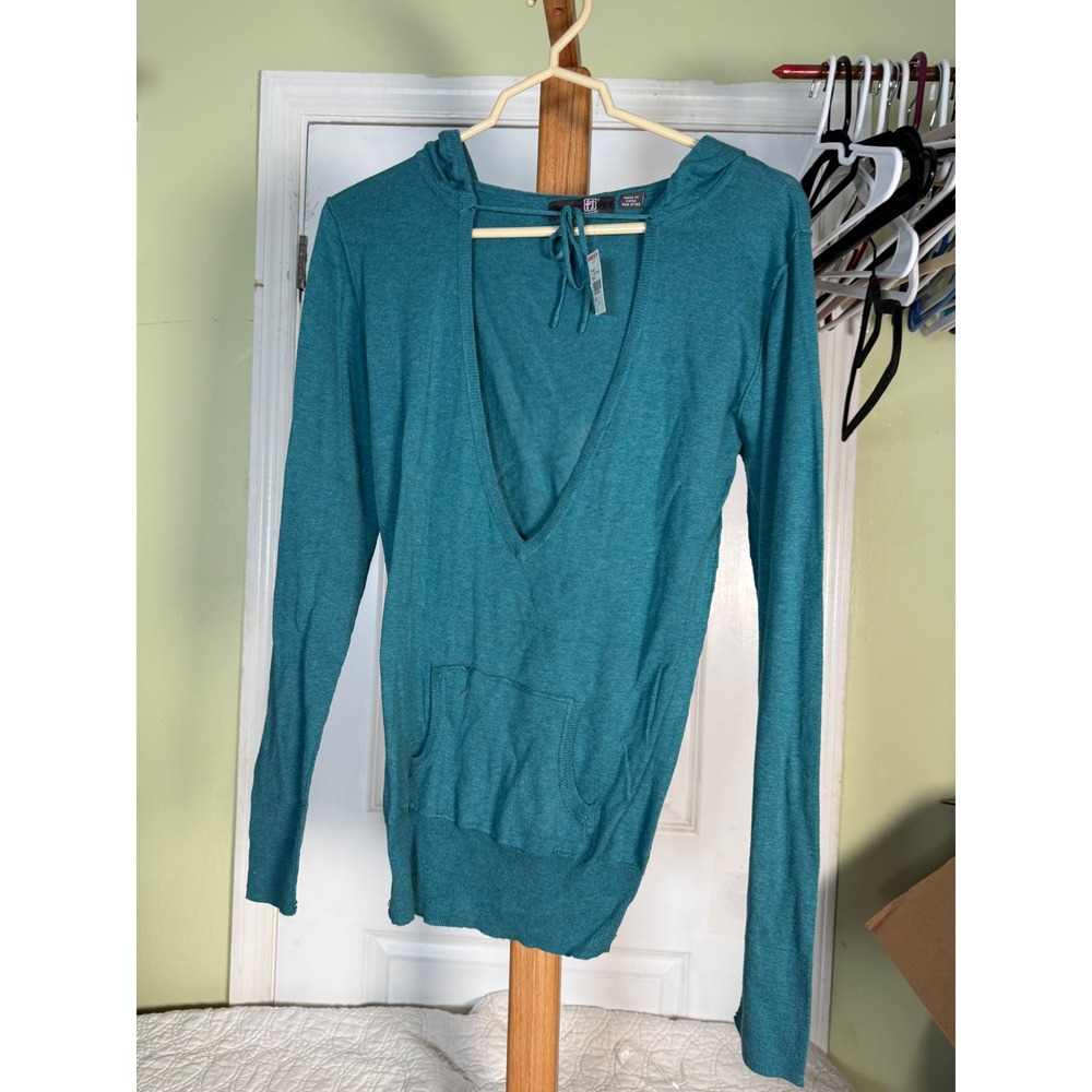 Full Tilt Womens Teal Blue Deep V-Neck Knit Hoodie Long Sleeve Sweater Small